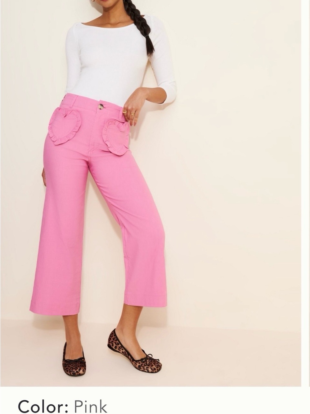 Maeve Pink Cropped Wide-Leg Pants with Heart Ruffle Pockets